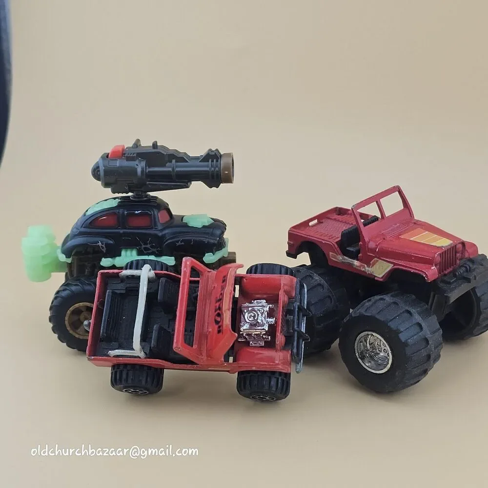 Vtg Lot Of 3 1990's Diecast Monster Trucks Jeep Cars Multi-Color Collectible Toy
